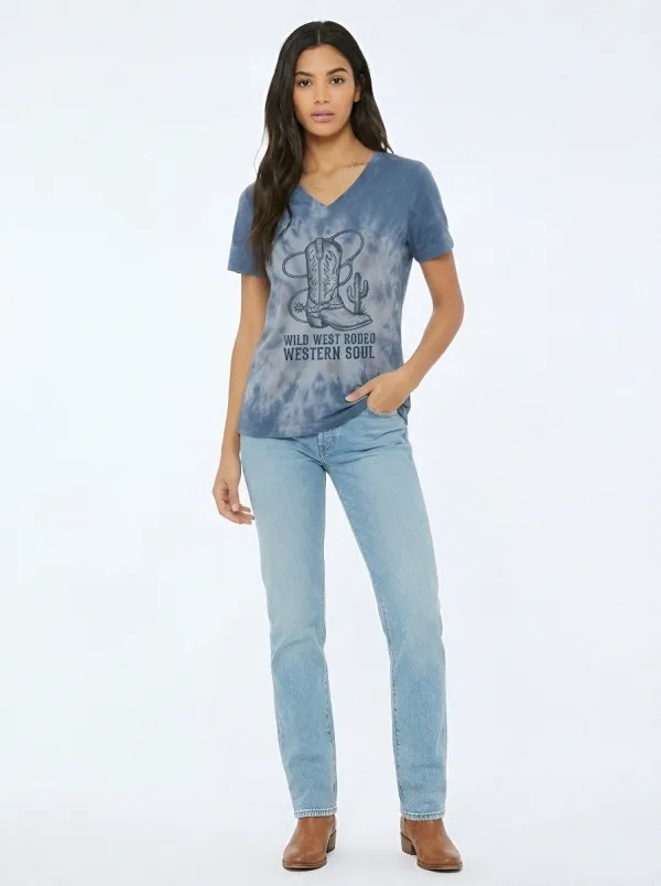 Women's Western Rodeo Cowboy Boot Cactus Printed Tie-Dye V-Neck T-Shirt