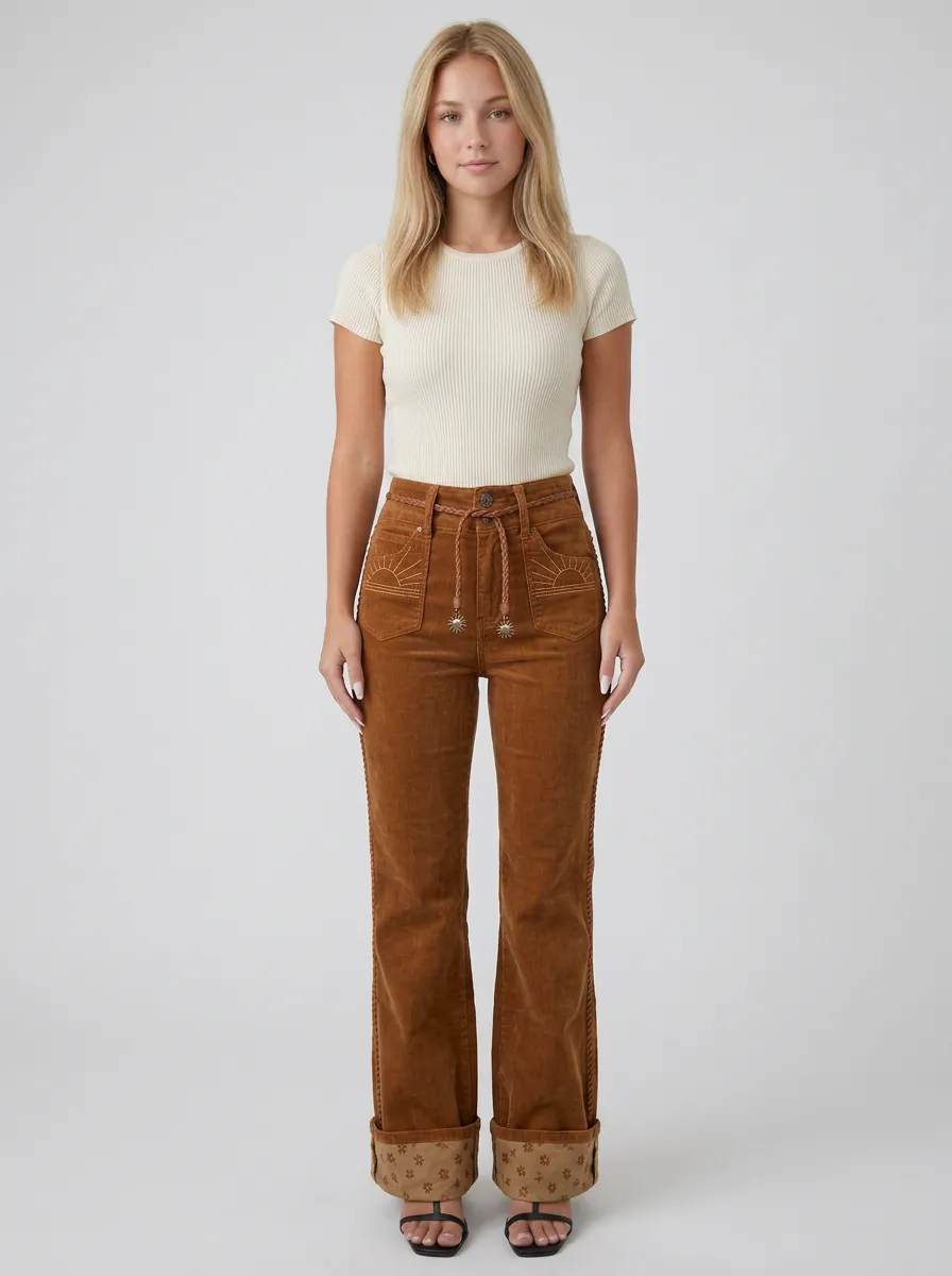 Women's Boho Style Sun Embroidery Corduroy Printed Pants