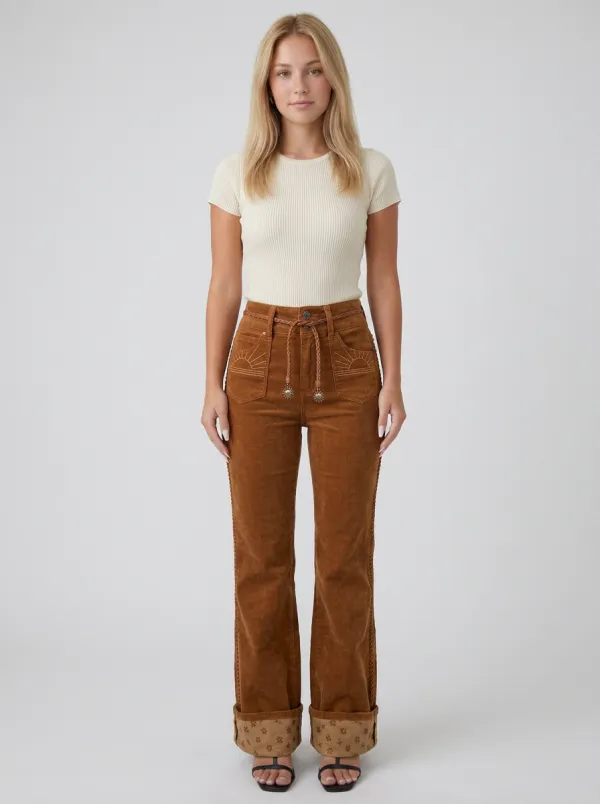 Women's Boho Style Sun Embroidery Corduroy Printed Pants