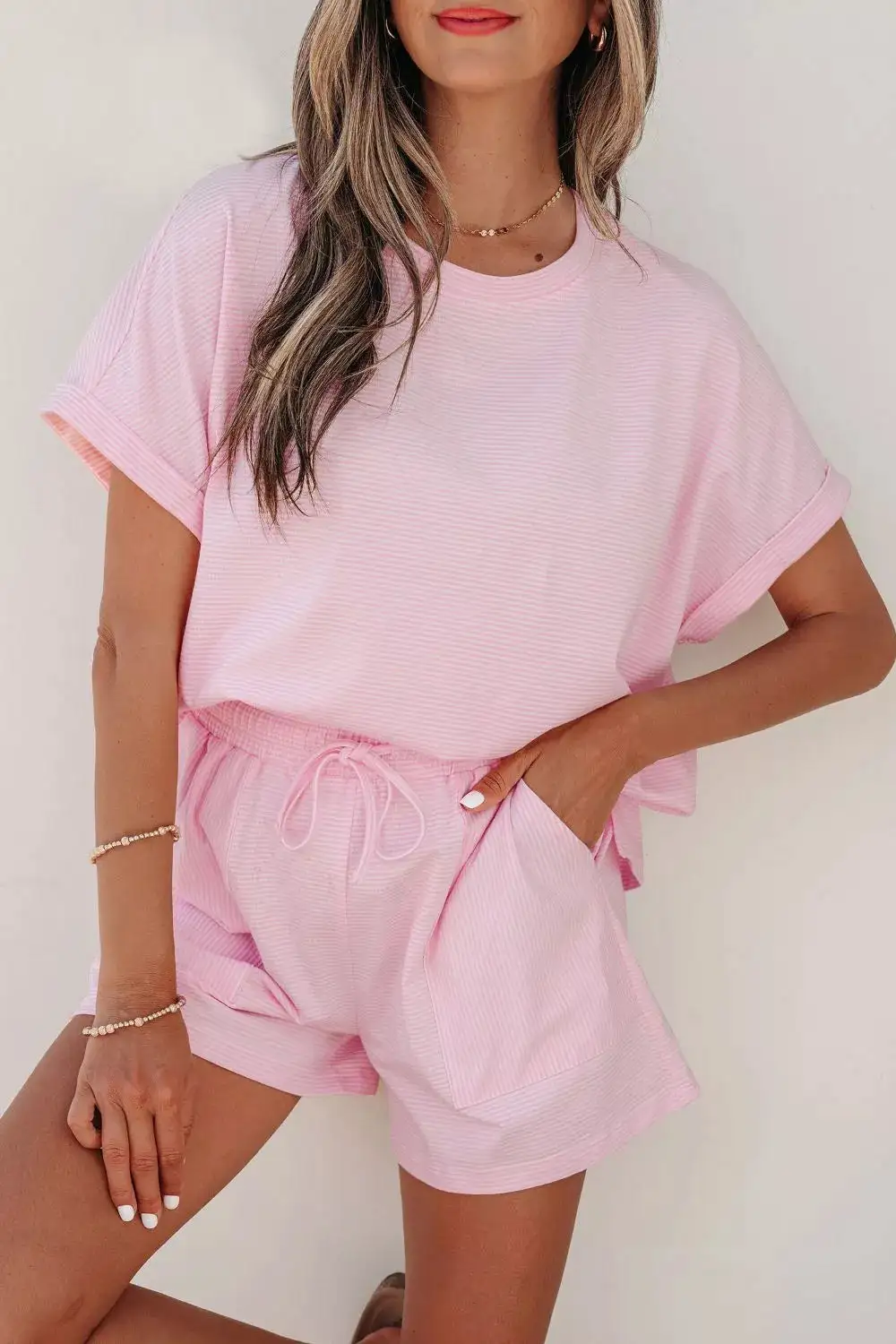 Stripe Matching Oversized Tee Drawstring Shorts Set