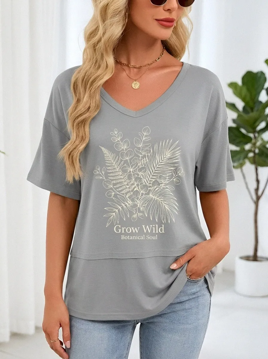 Women's Nature Lover Grow Wild Botanical Fern Printed T-shirt