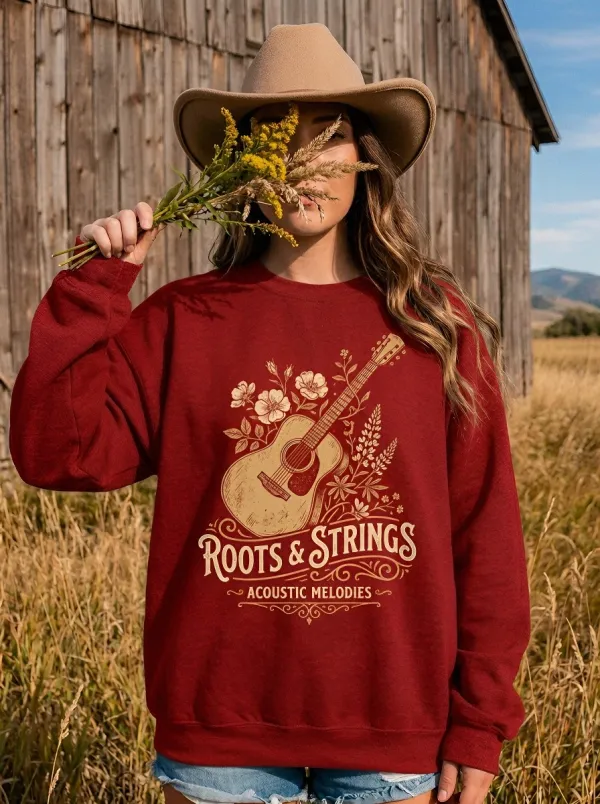 Country Music Acoustic Guitar Floral Crew Neck Sweatshirt