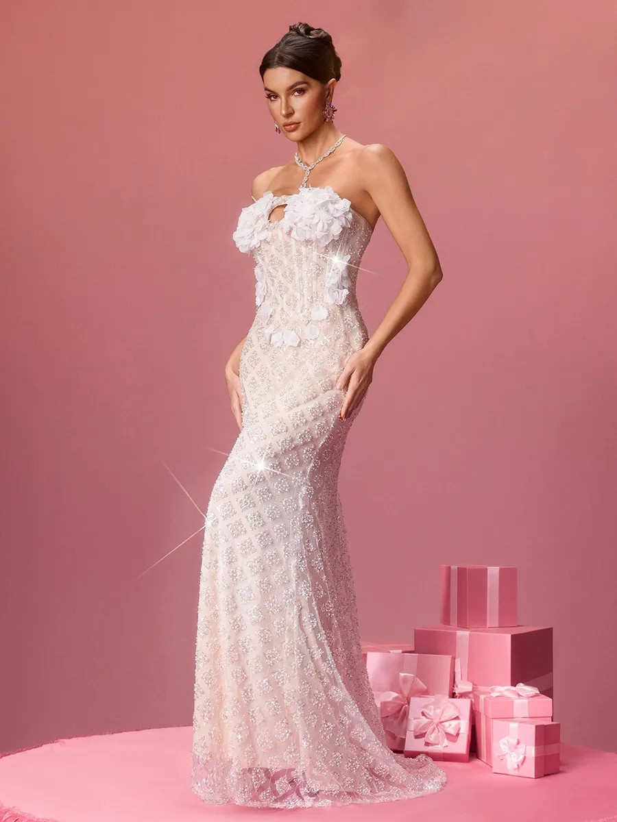 Alessandra Strapless Flower Sequin Maxi Dress