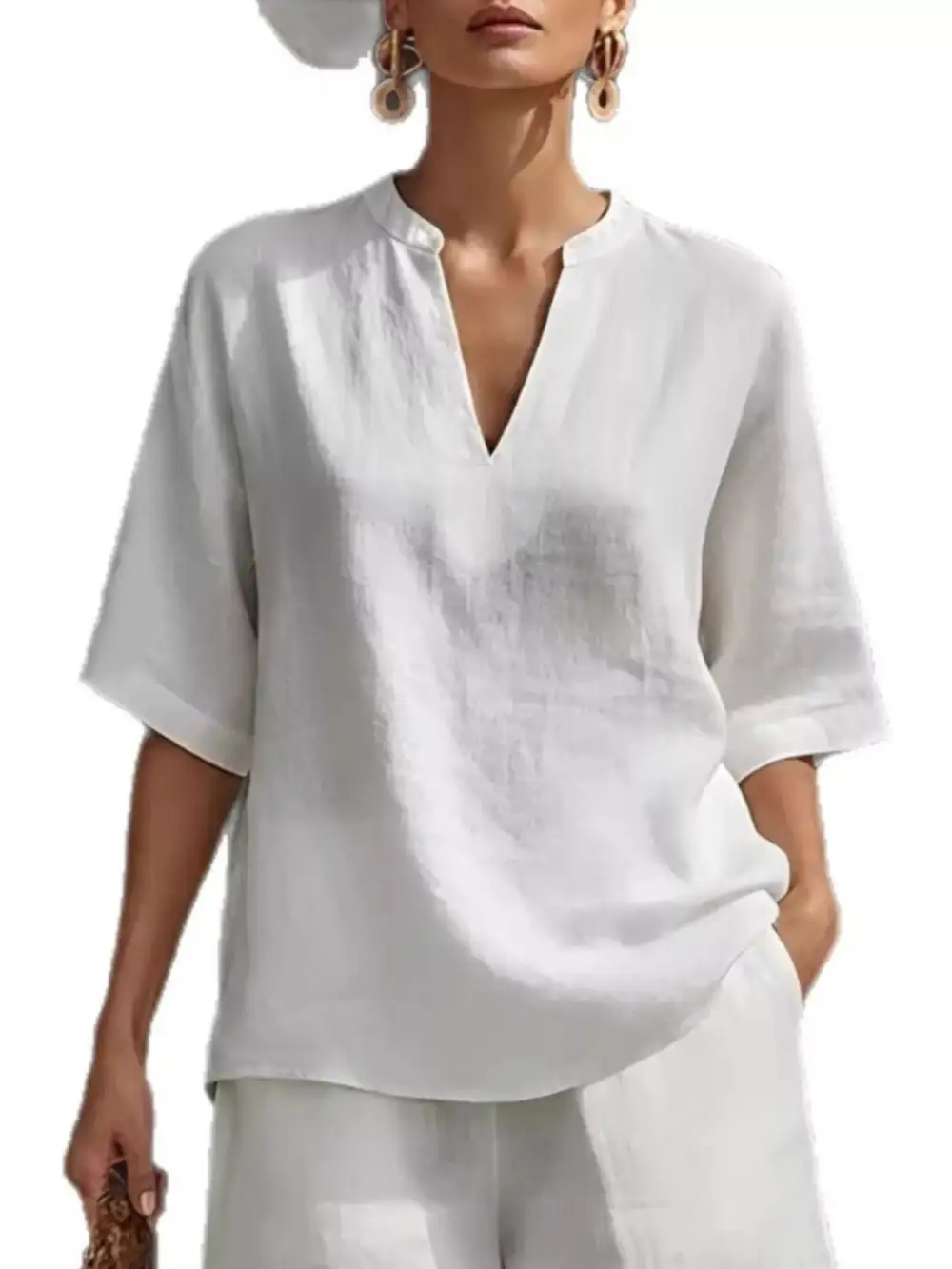 Notched Half Sleeve Top Shorts Set Plus