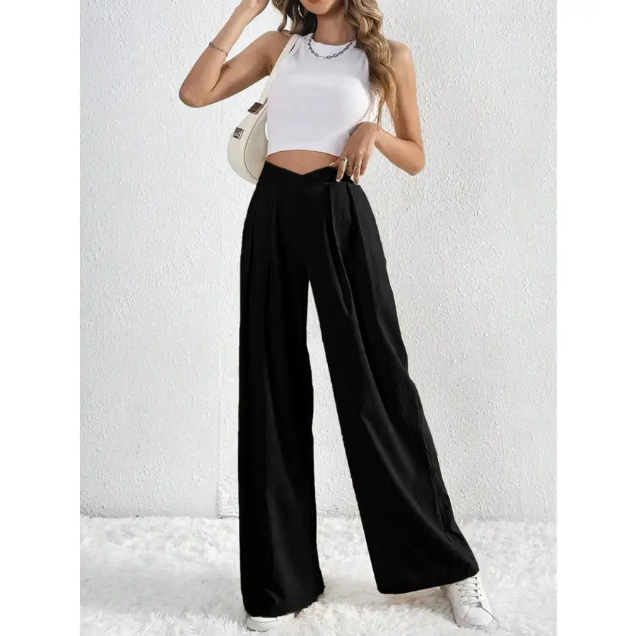 V Waisted Ruched Front Wide Leg Pants