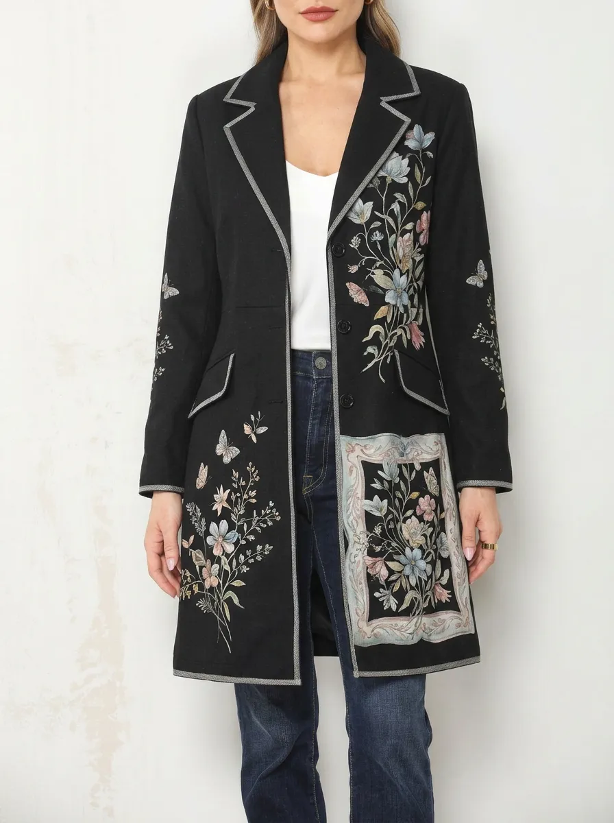 Women's Floral Butterfly Nature Lover Printed Long Blazer