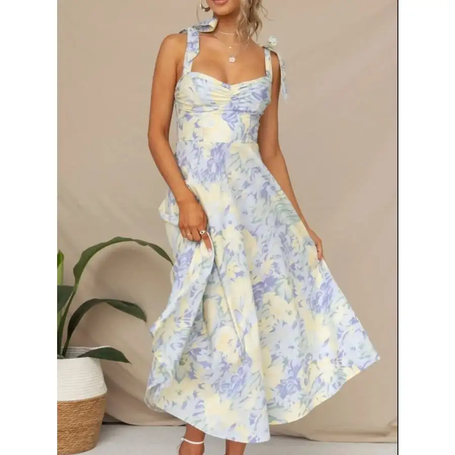 Tie-Strap Sweetheart Neck Midi Dress