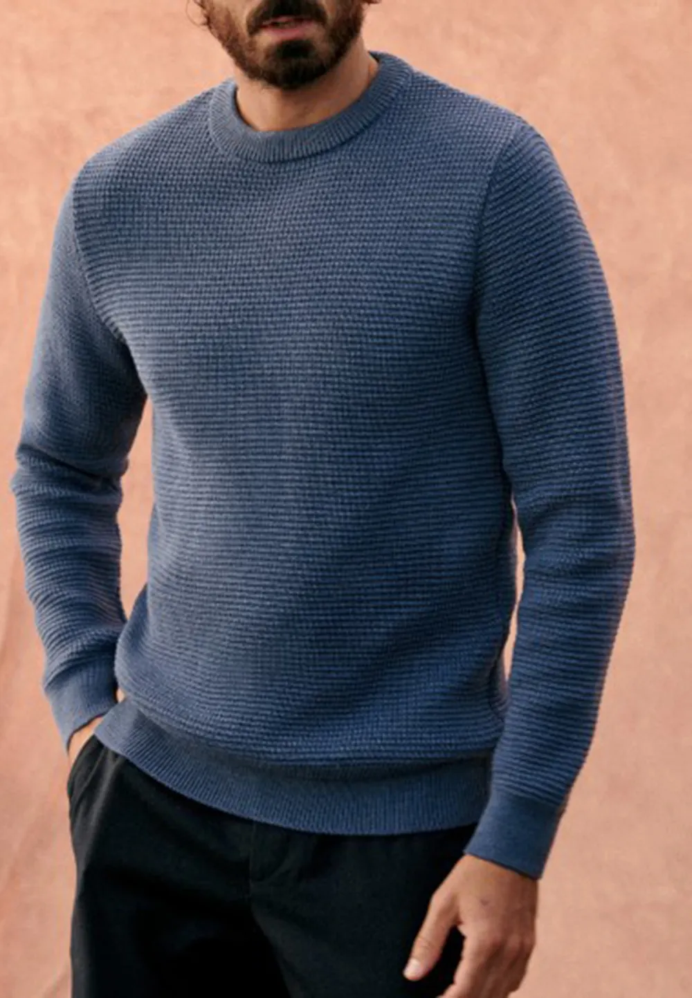 Slate Blue Fine Ribbed Knit Crew Neck Sweater