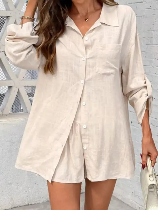Button Up Roll Up Sleeve Shirt Shorts Set