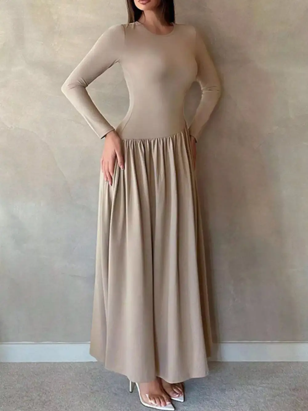 Long Sleeve Ruched A Line Maxi Dress