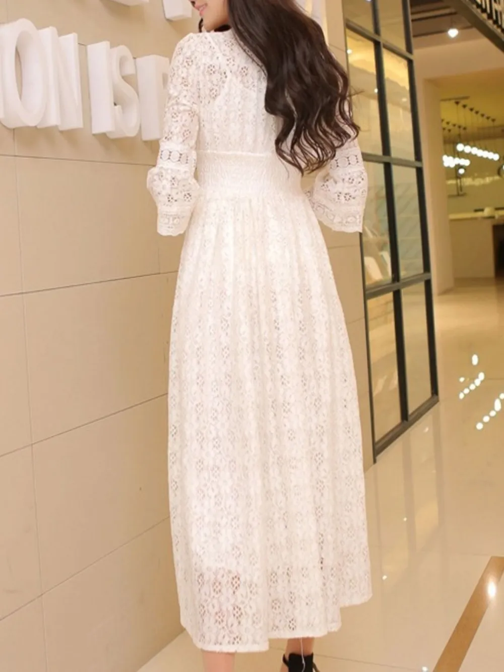 Lace Three Quarter Sleeve Midi Dress