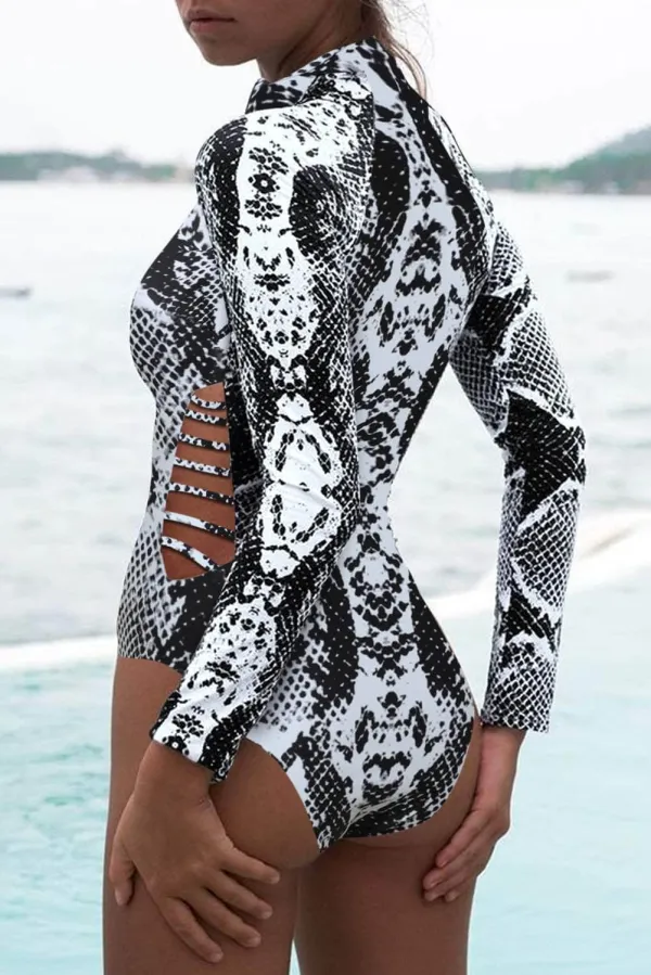 Snake Print Zipper Panel Detail Wetsuit Swimsuit