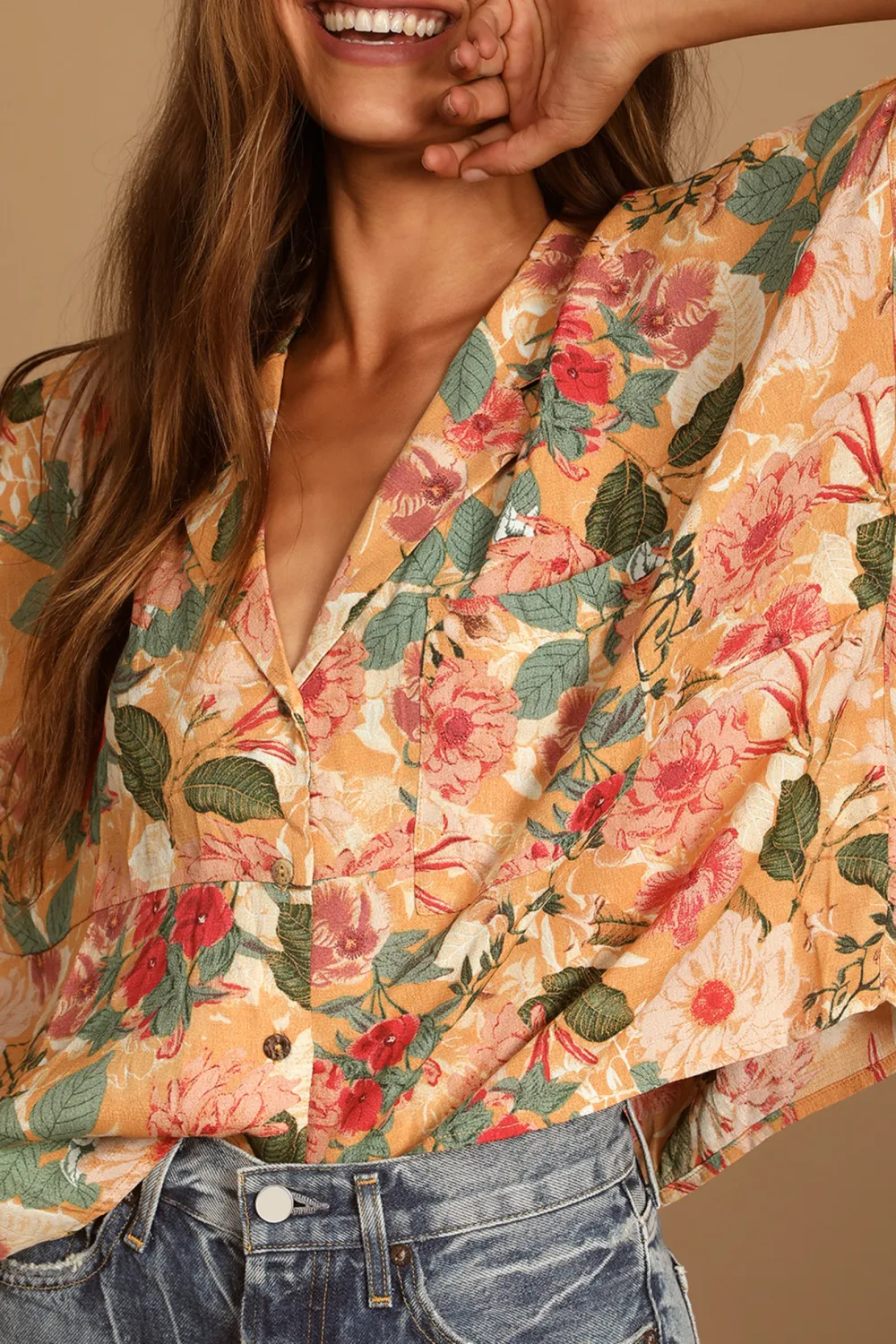 Casual Style Floral Print Button-Up Short Sleeve Top