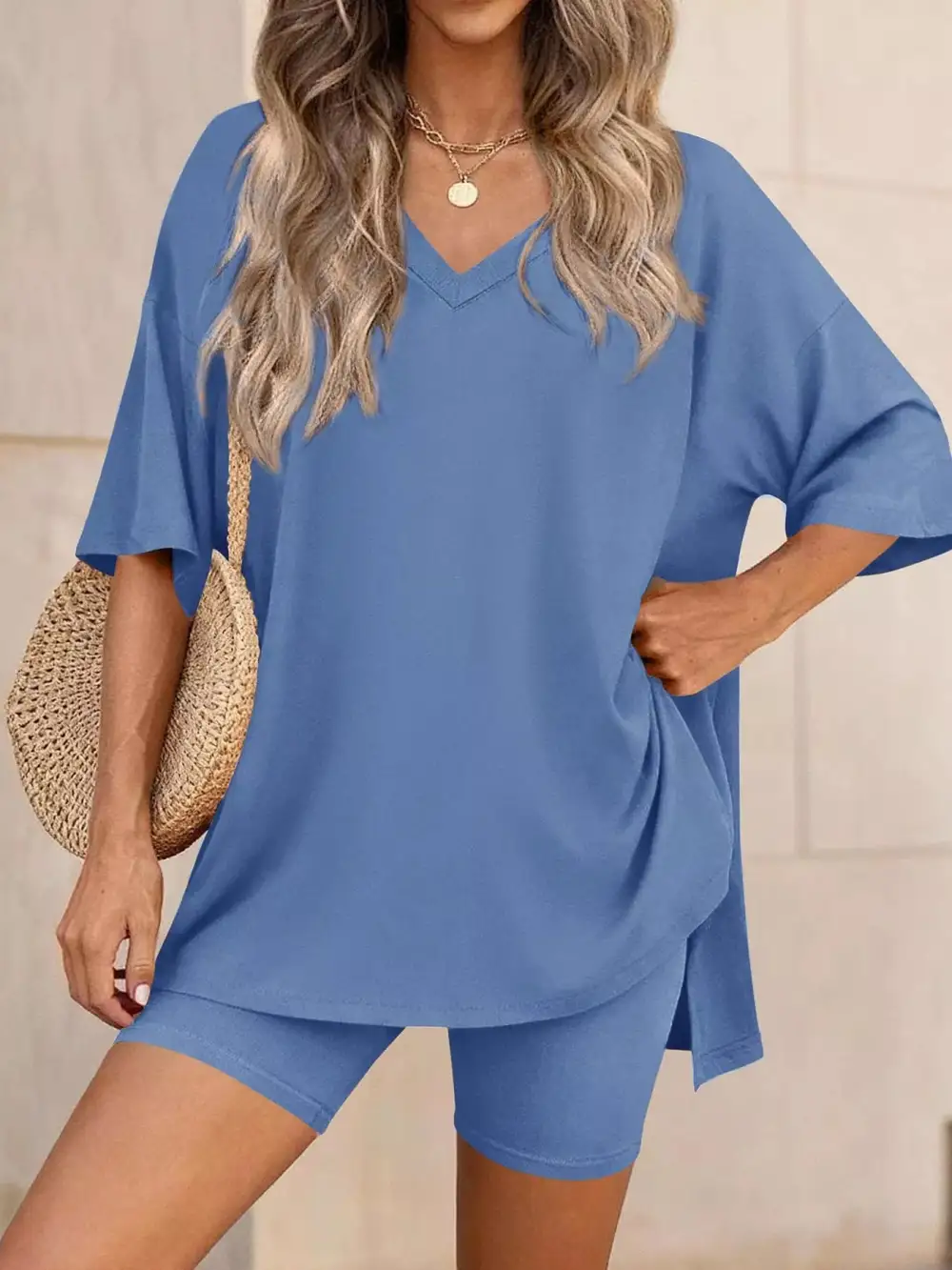 Casual Loose V Neck T Shirt Shorts Sets