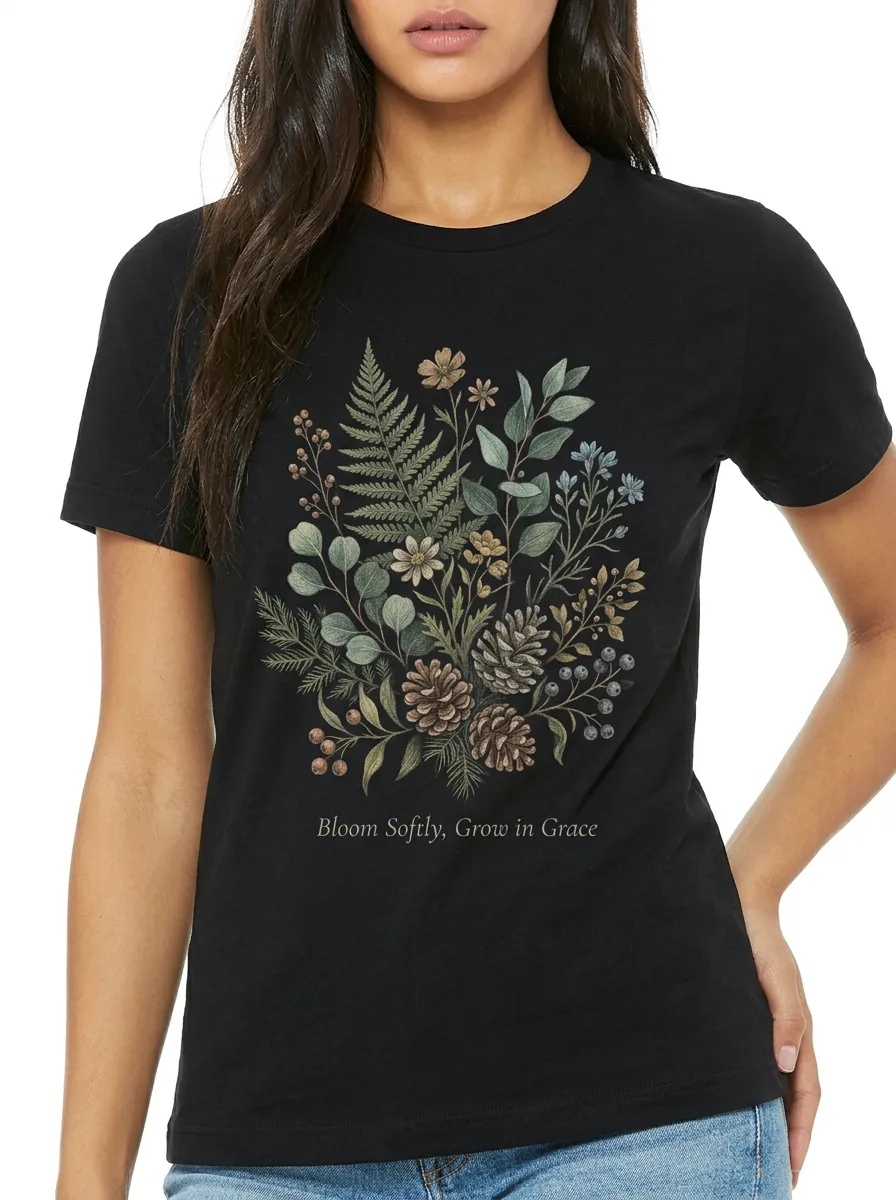 Women's Botanical Pinecone Fern Floral Printed T-shirt