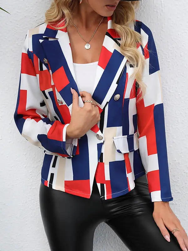 Long Sleeve Relaxed Button Front Pocket Printed Notched Blazer Everyday