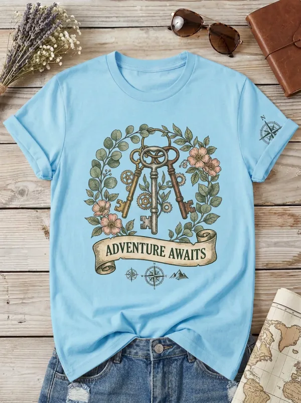 Adventure Awaits Floral Key Compass T-Shirt