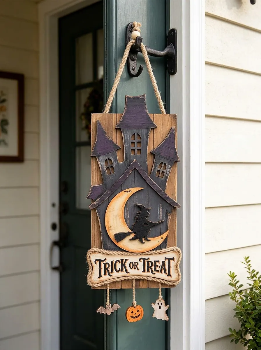 Halloween Witch Moon Haunted House Hanging Door Sign