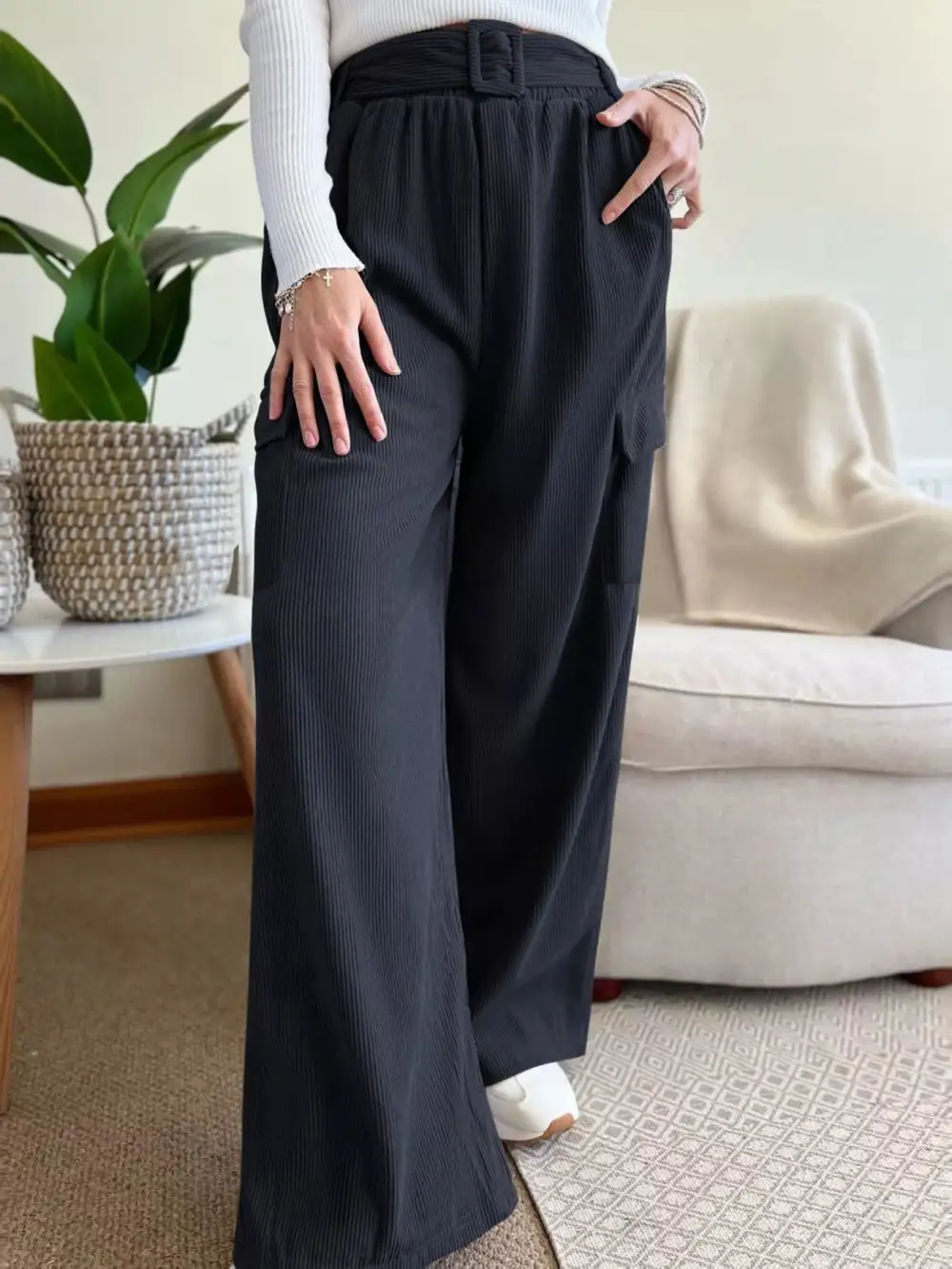 Wide Leg High Waist Elastic Waist Pocketed Pants