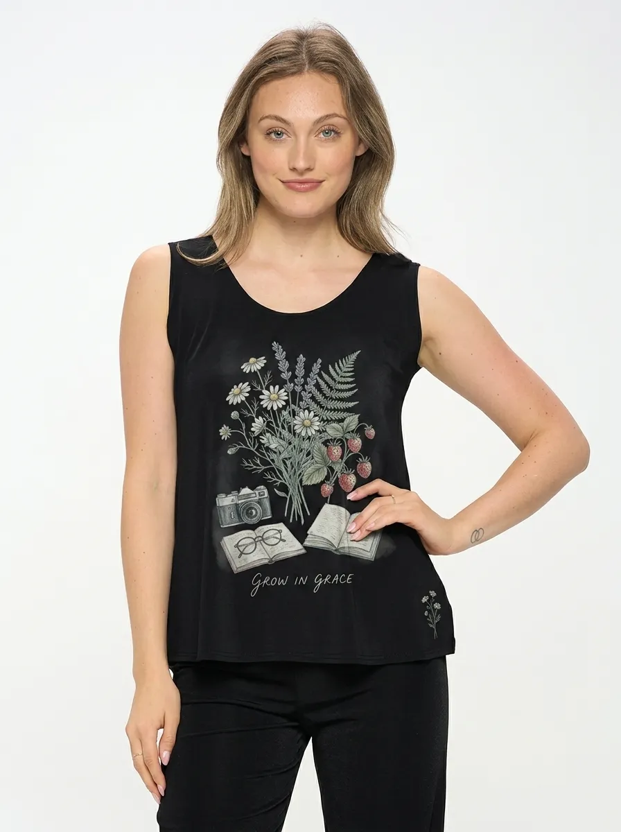 Women's Nature Lover Flower Strawberry Camera Book Printed Tank Top