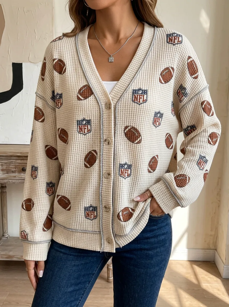 Women's NFL Football Fan Waffle Knit Printed Cardigan