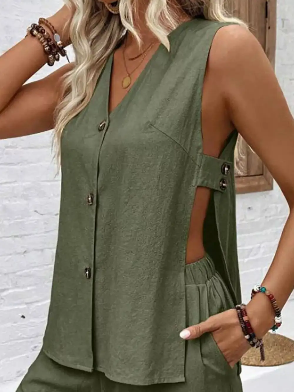 Sleeveless Button Down Top Shorts Set