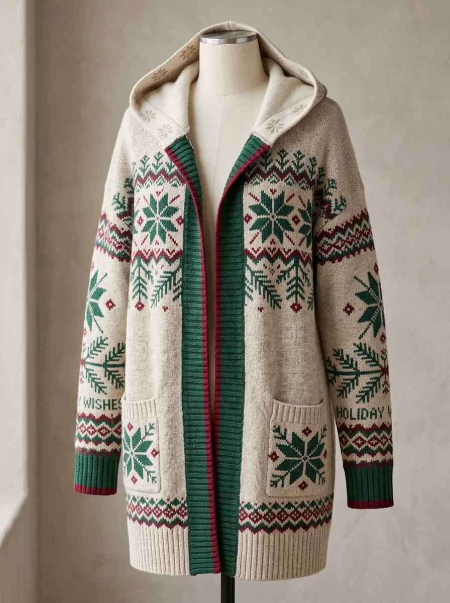 Festive Christmas Snowflake Fair Isle Pattern Print Hooded Cardigan