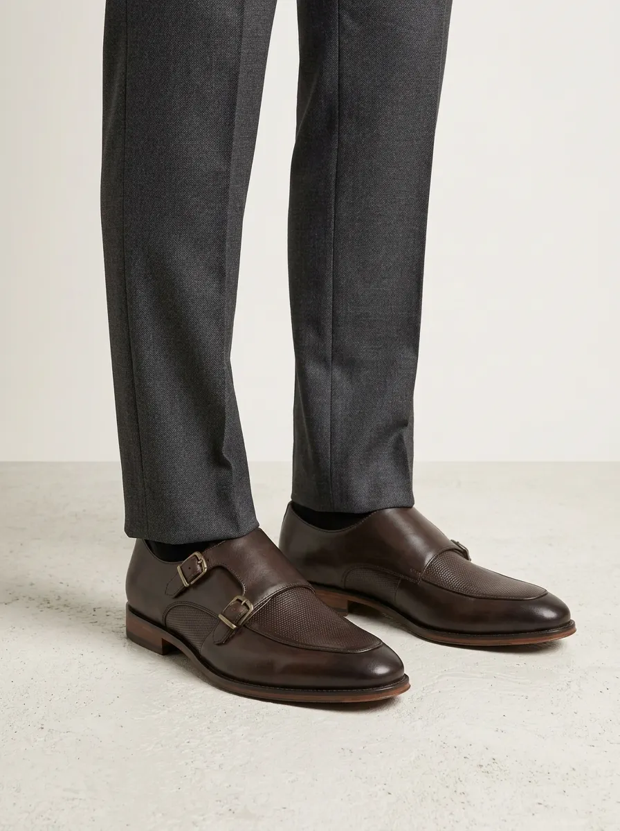 Men's Business Formal Double Monk Strap Textured Leather Shoes