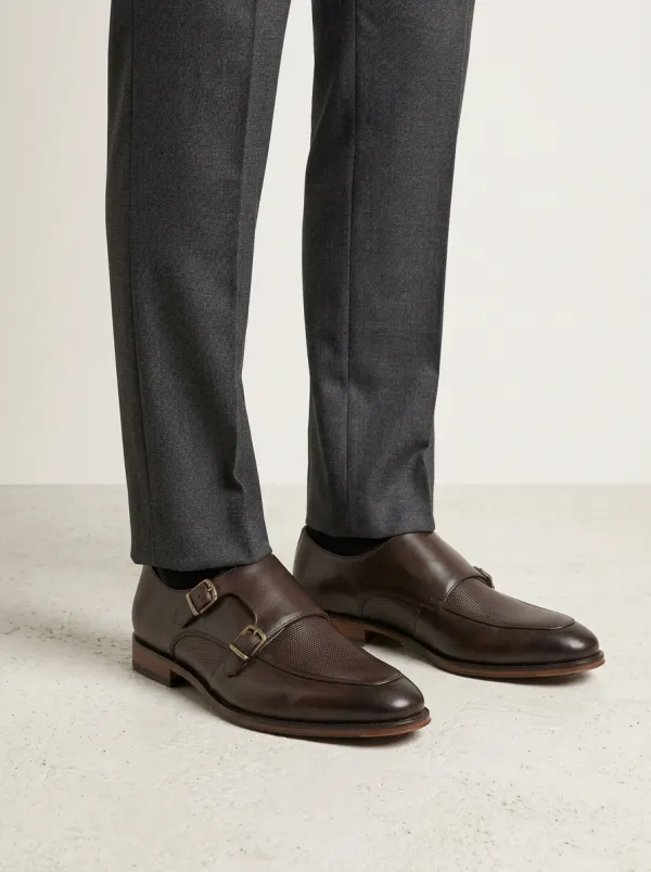 Men's Business Formal Double Monk Strap Textured Leather Shoes