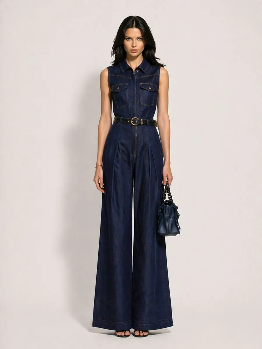 Juliette Sleeveless Collared Straight-Leg Denim Jumpsuit
