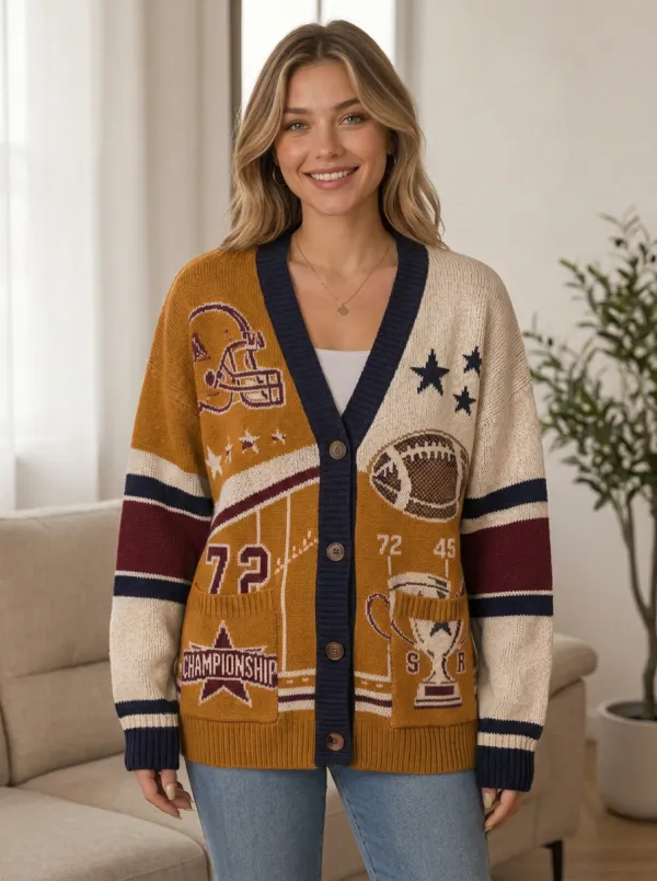 Women's Football Championship Helmet Trophy Knit Knit Cardigan