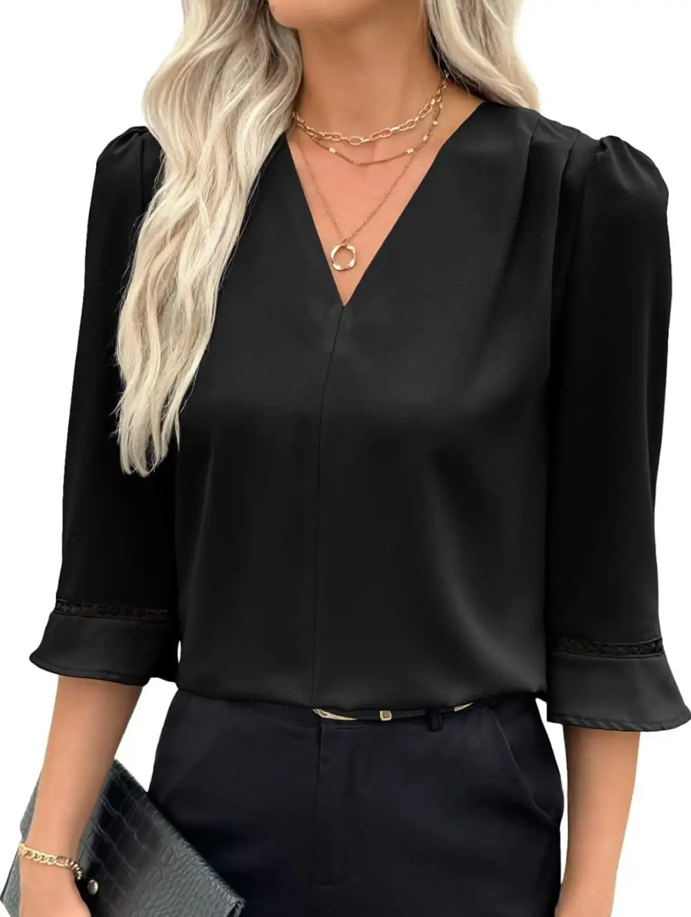 V Neck Office Three Quarter Sleeve Blouse