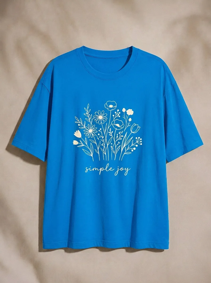 Women's Simple Joy Floral Bouquet Line Art Printed T-shirt
