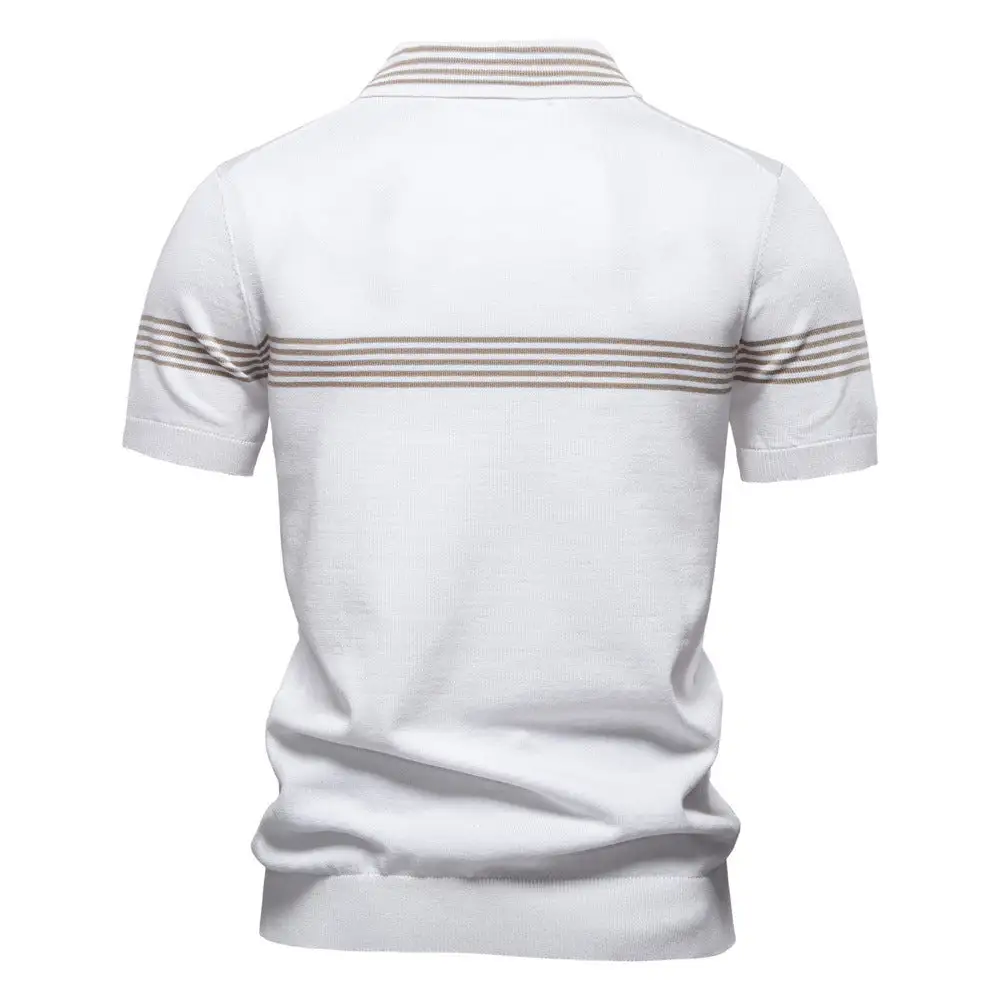 Striped Zip Front Fine Knit Polo Shirt