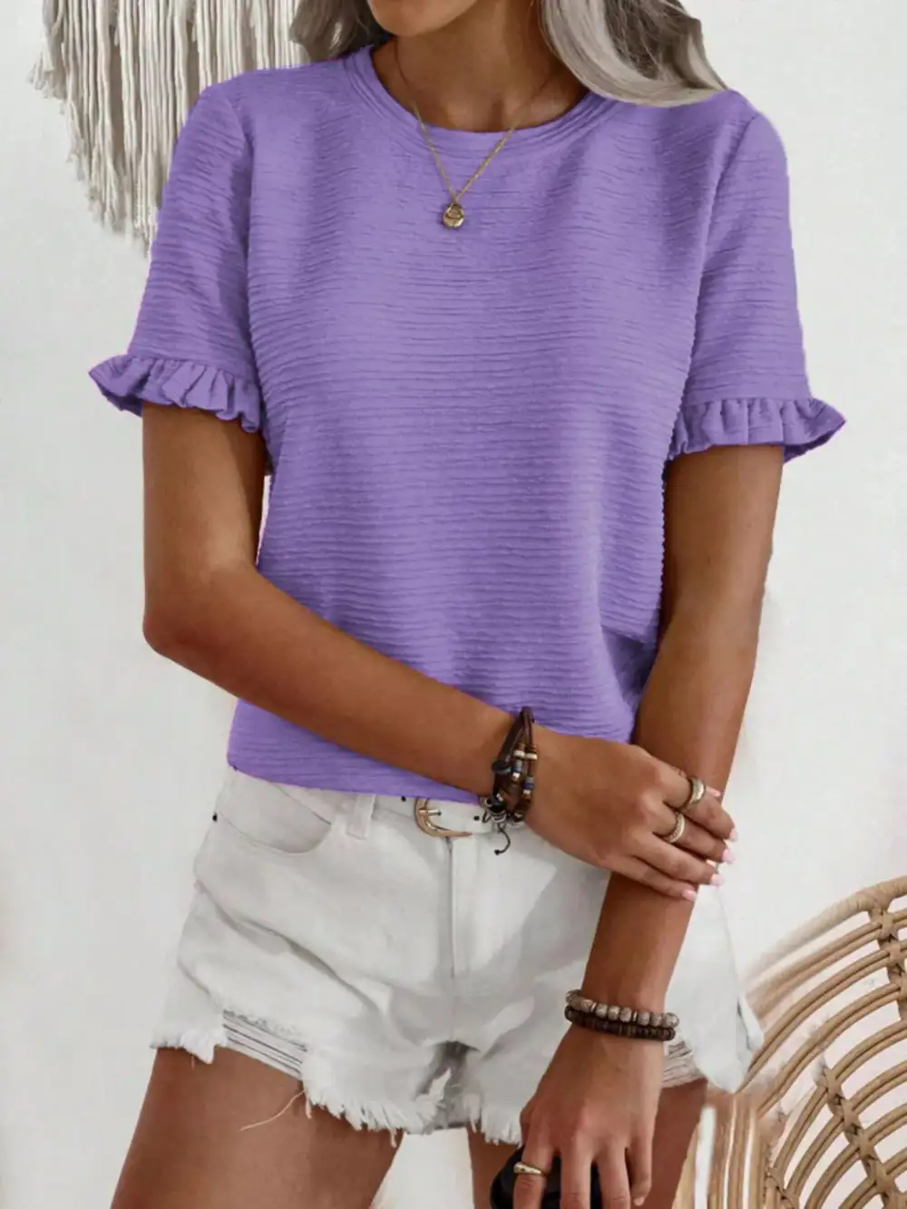 Textured Ruffle Sleeve Round Neck Blouse