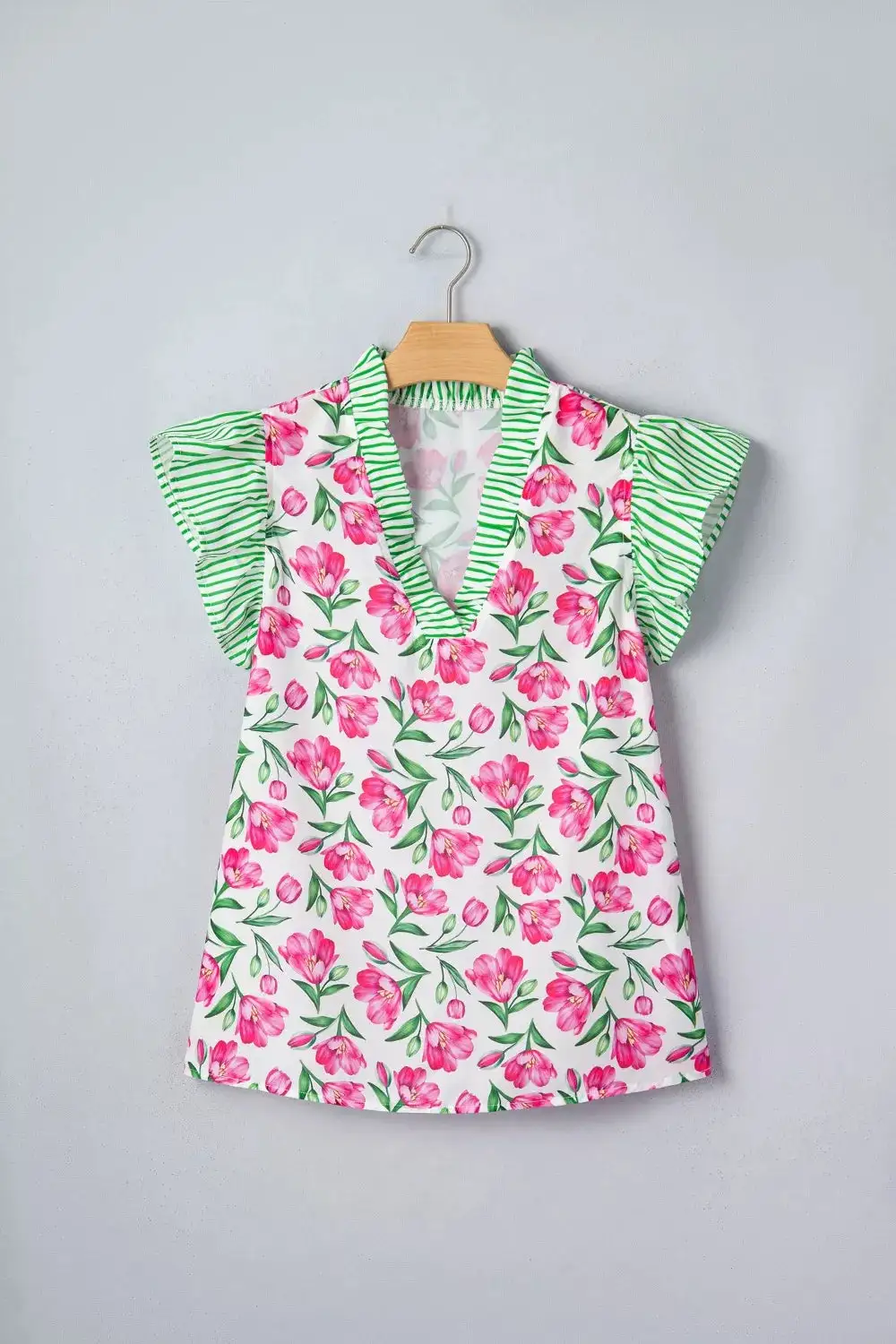 Floral Print Striped Ruffle Trim V Neck