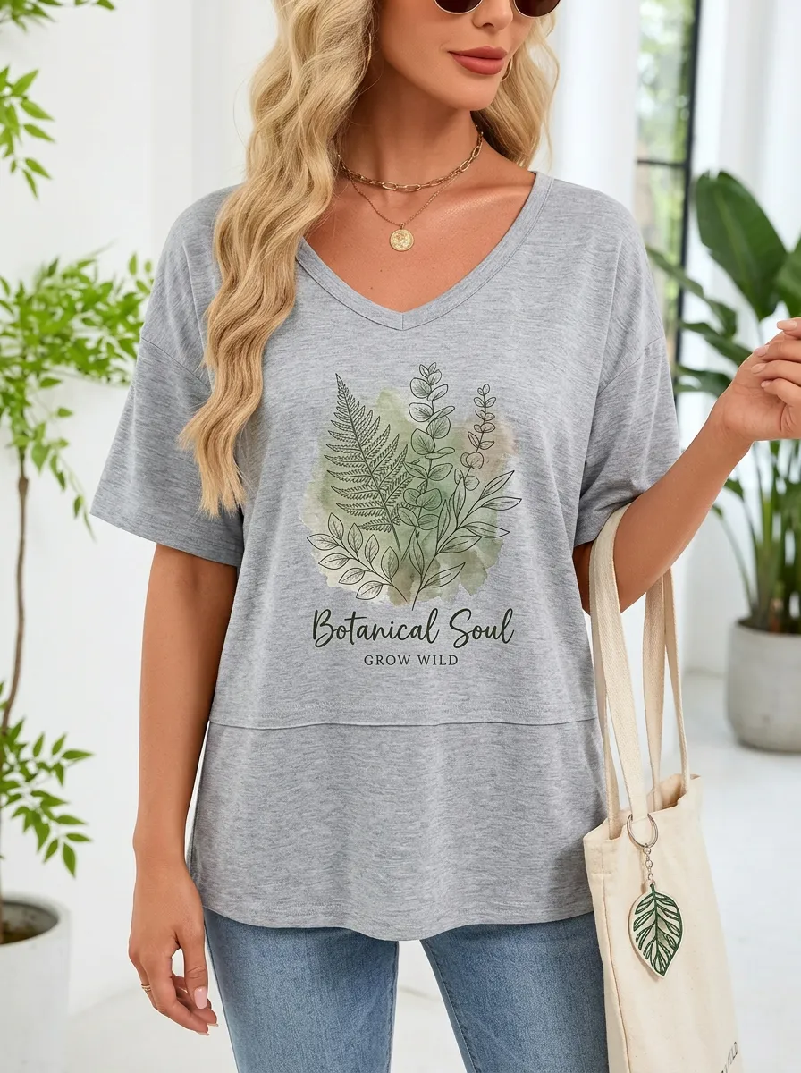 Women's Botanical Soul Fern Leaf Watercolor Printed V-neck T-shirt