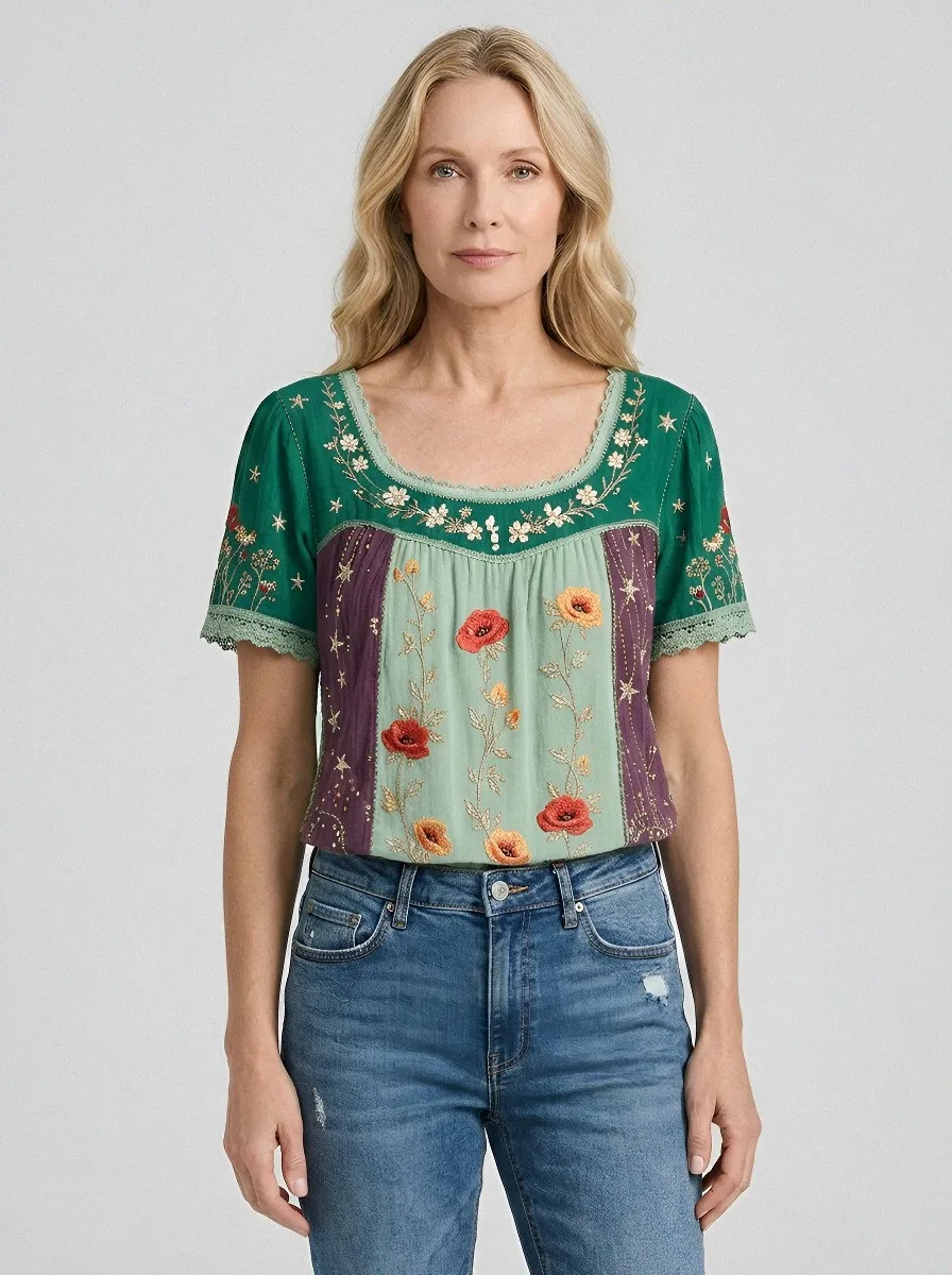 Women's Boho Floral Poppy Star Embroidered Printed Short Sleeve T-shirt