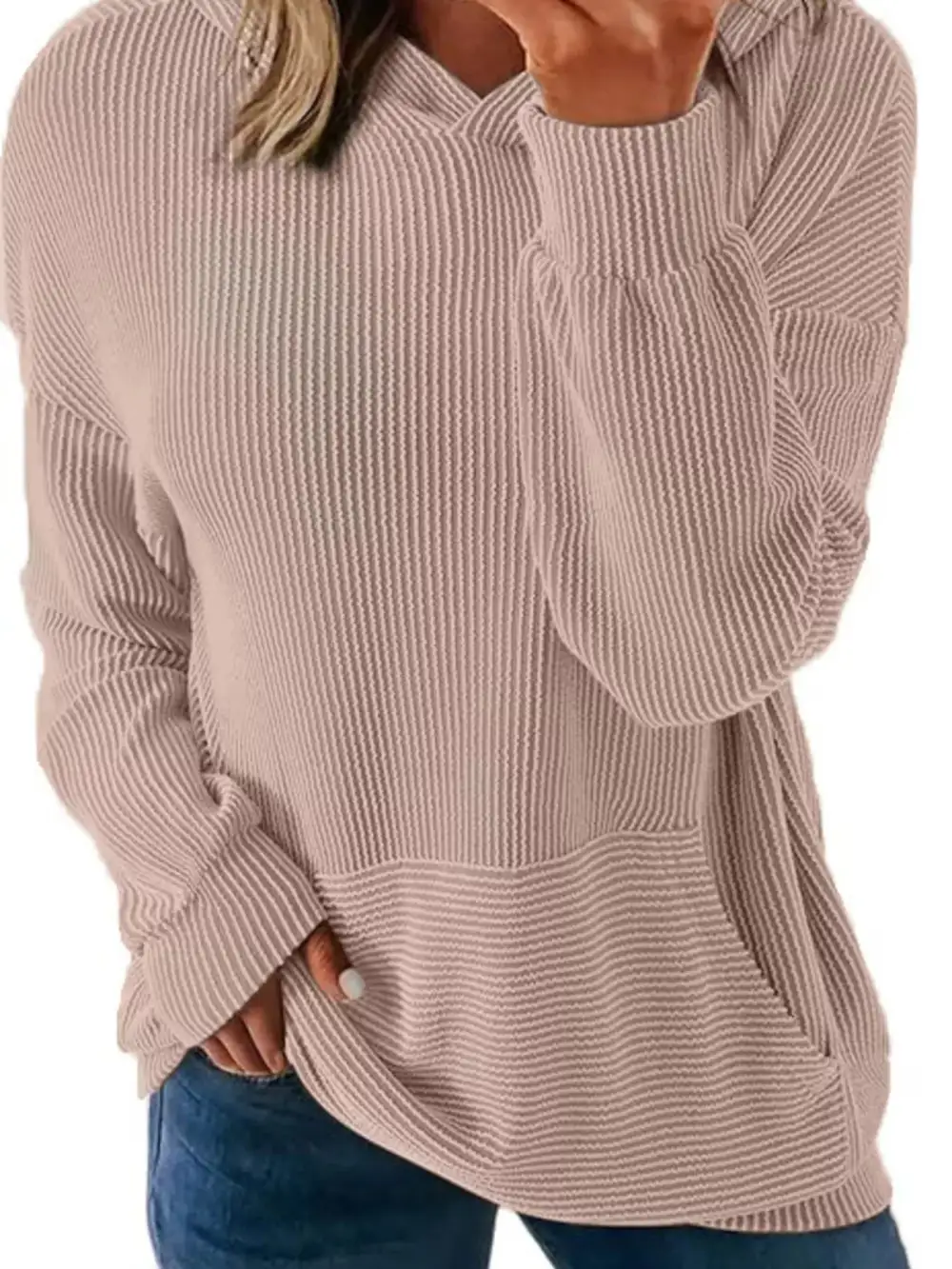 Pocketed Oversized Ribbed Hoodie