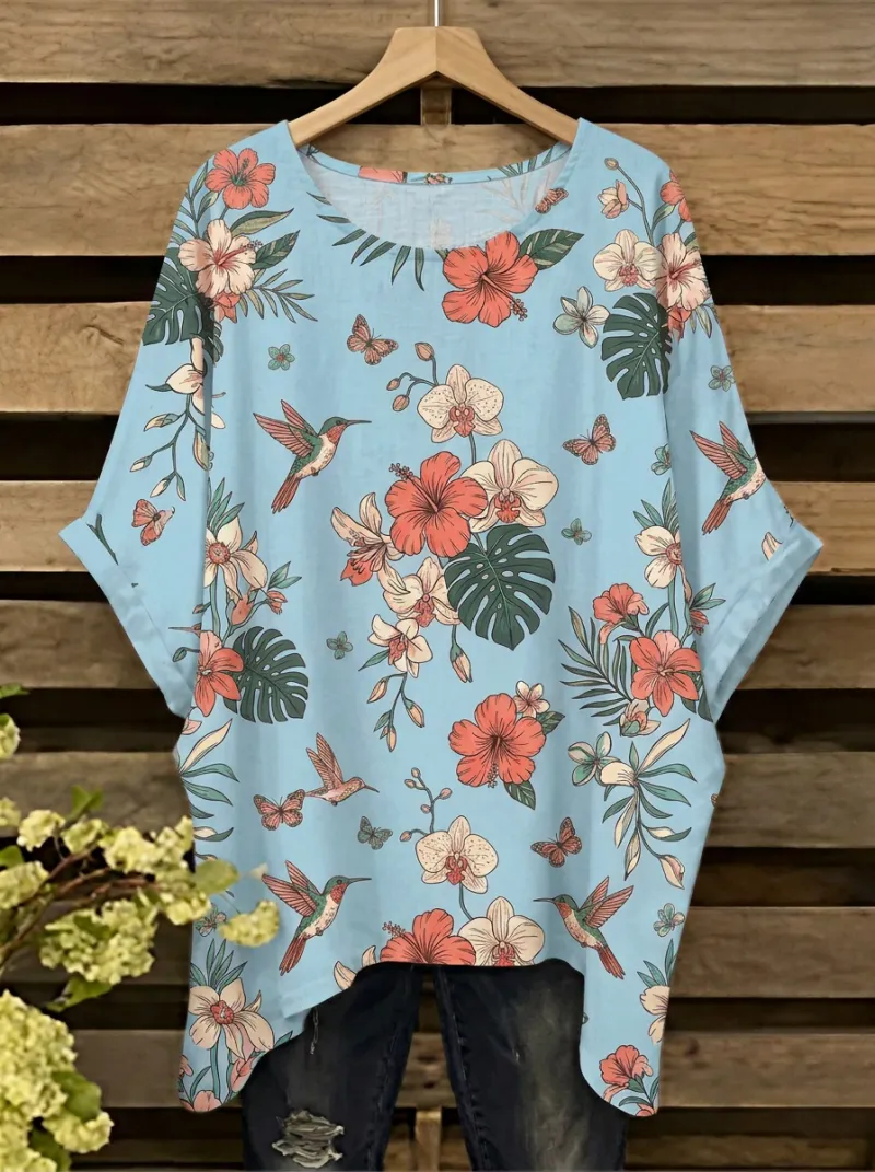 Hummingbird Hibiscus Women's Loose Printed T-Shirt