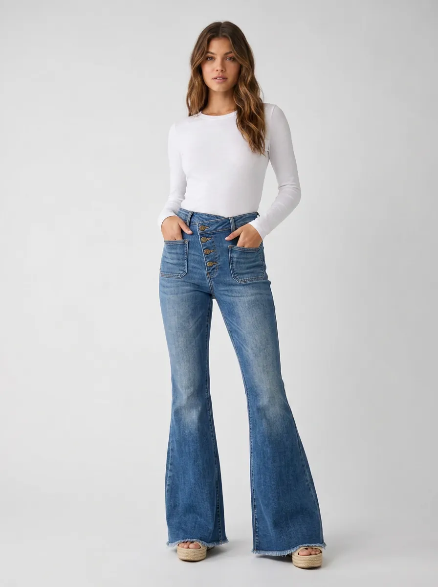 Women's Classic High-Waisted Button-Front Raw Hem Flare Jeans