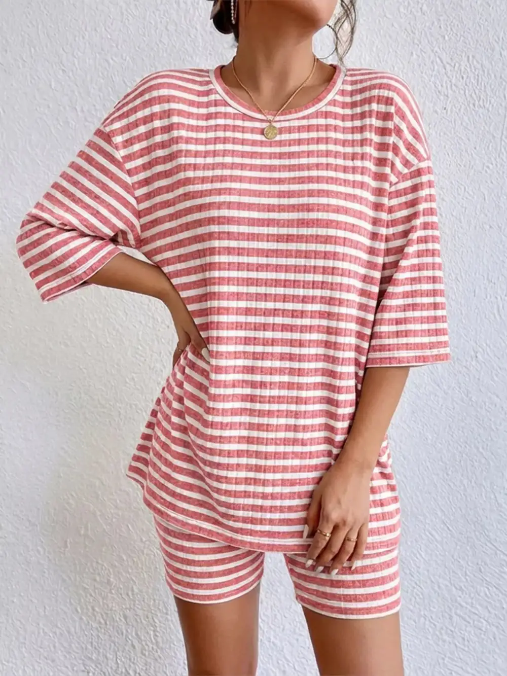 Striped Round Neck Top Shorts Set