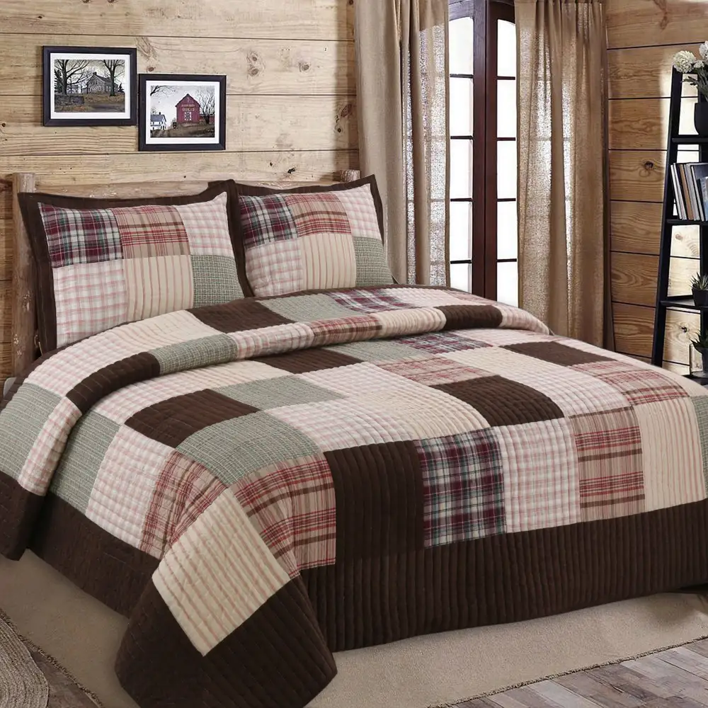 Clean Cotton Plaid Patchwork Reversible Quilt Bedding Set
