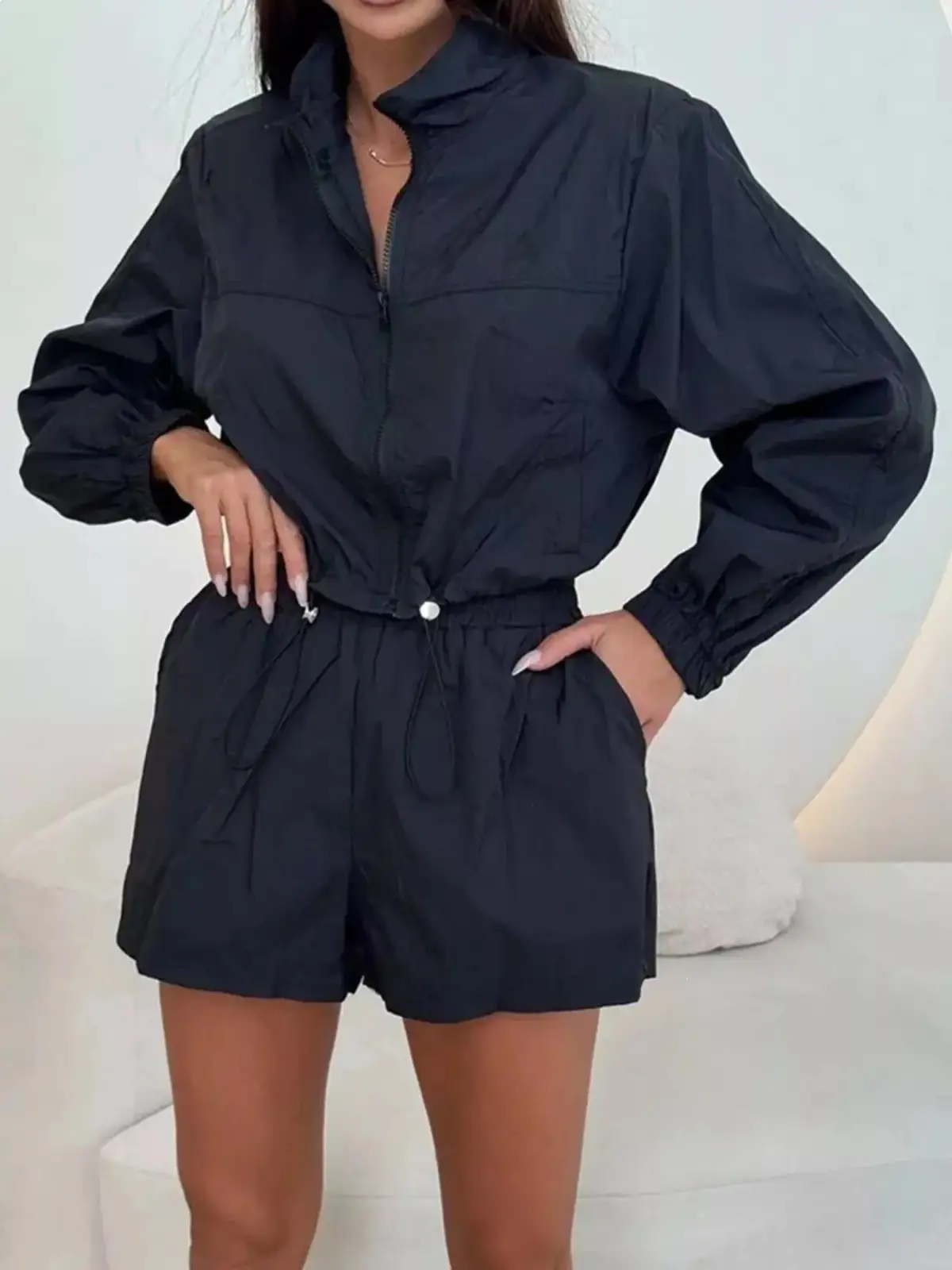 Relaxed Drawstring Zip-Detail Pocketed Top and Shorts Matching Set