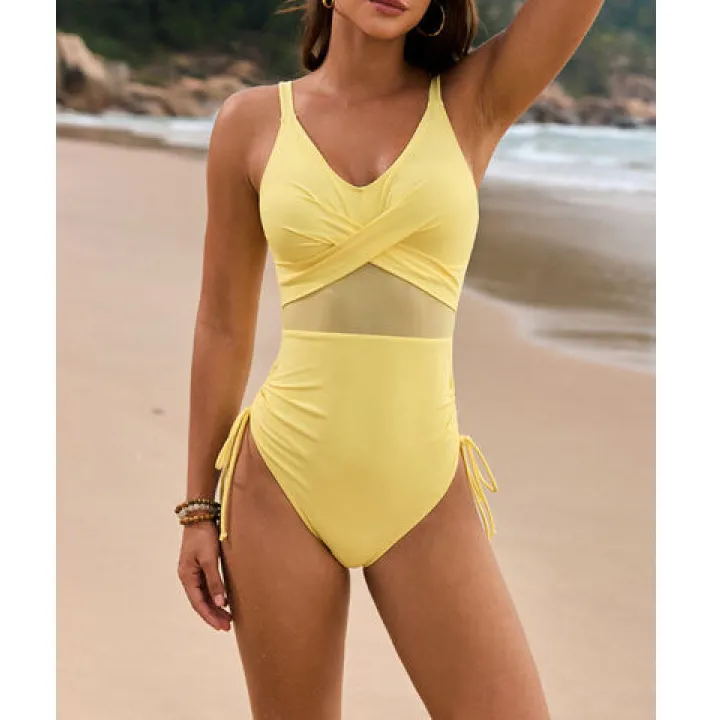 Women's Crisscross Ruched V-Neck Drawstring One-Piece Swimsuit