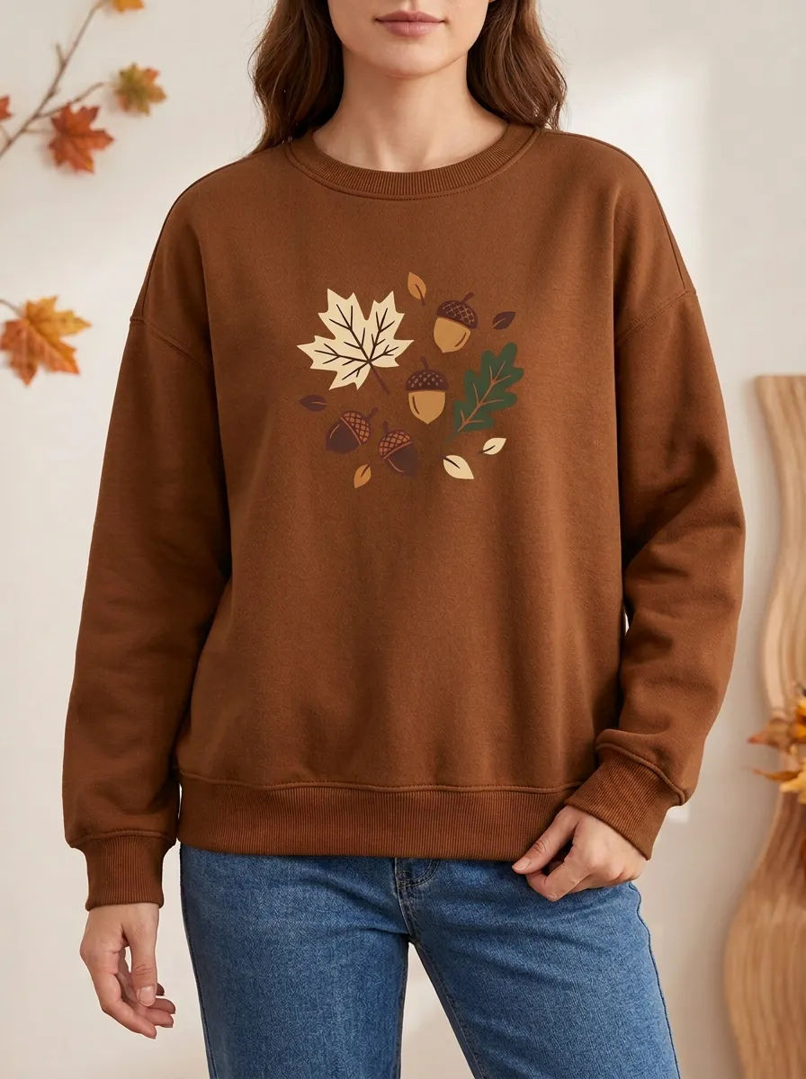 Natural Maple-Leaf Printed Acorn Graphic Sweatshirt