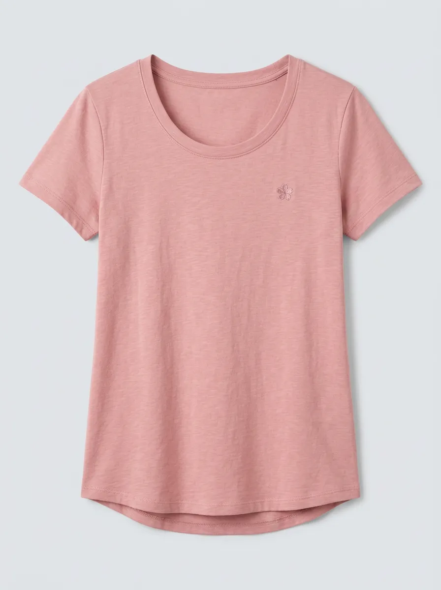 Women's Pink Minimalist Flower Embroidered Cotton T-shirt