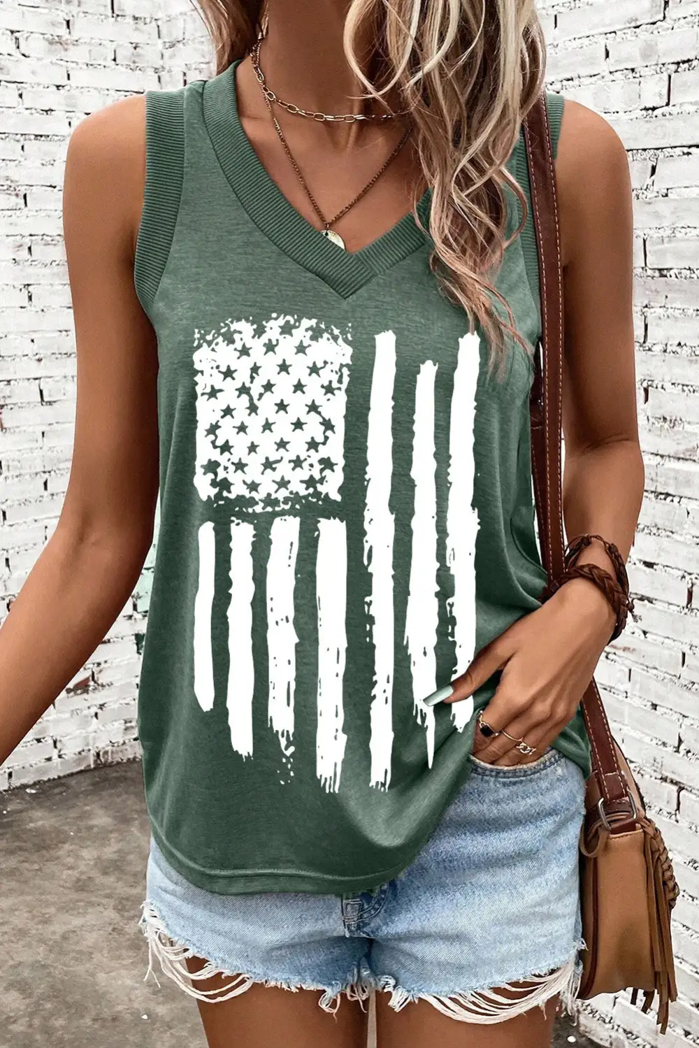 Frayed Flag Printed V Neck Tank Top