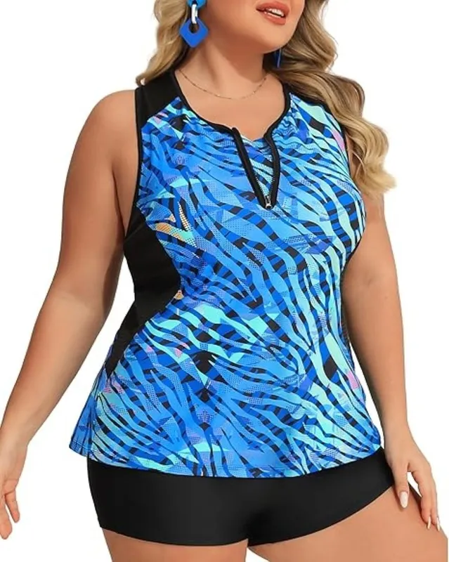 Mesh Scoop Neck Zipper Tankini Top