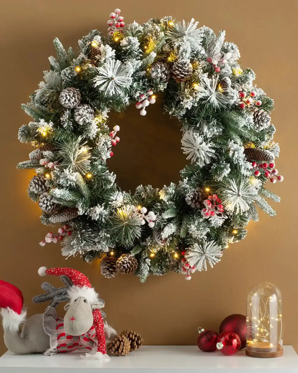 Pre-Lit Full Snow-Flocked Mixed Pine Pinecone Berry Wreath